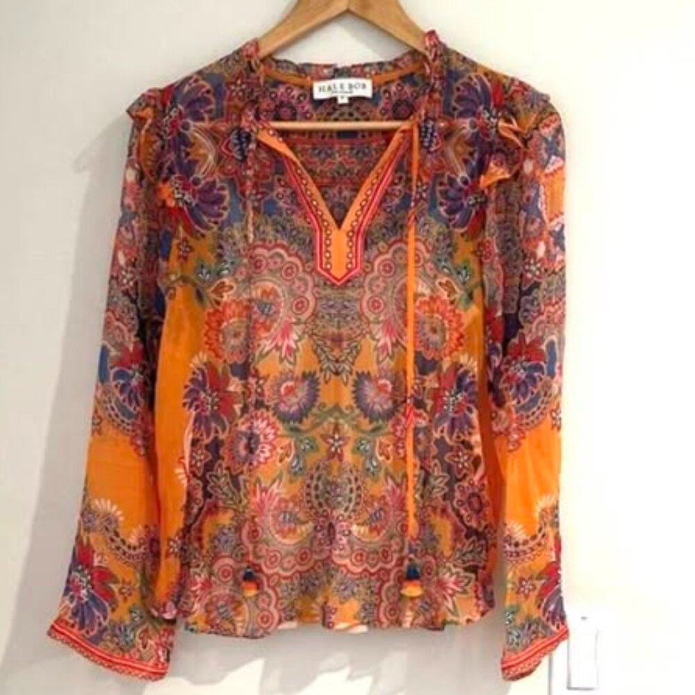 Hale Bob Vibrant Orange and Blue Floral Blouse Top Size SMALL